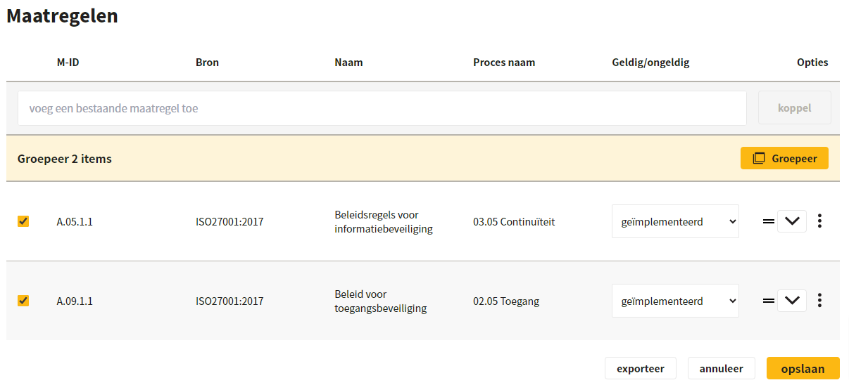 Groeperen maatregelen